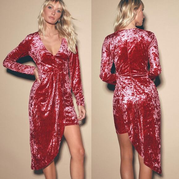 Lulus Strong Ambition Pink Velvet Long Sleeve Asymmetrical Dress - Picture 1 of 9